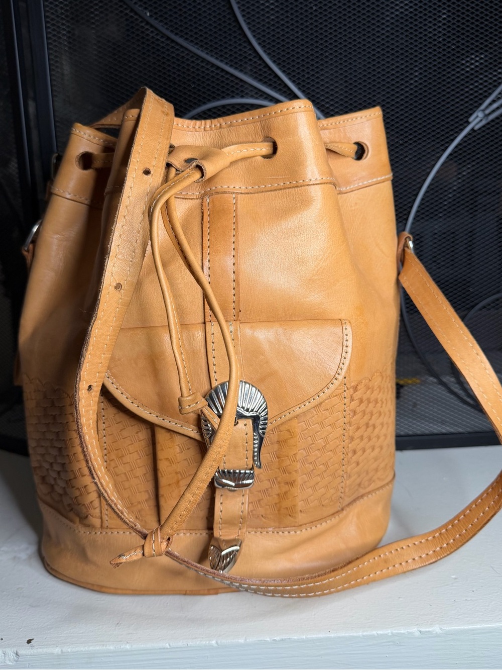Vintage Force Ten West Handmade Western Leather Drawstring Bucket Bag